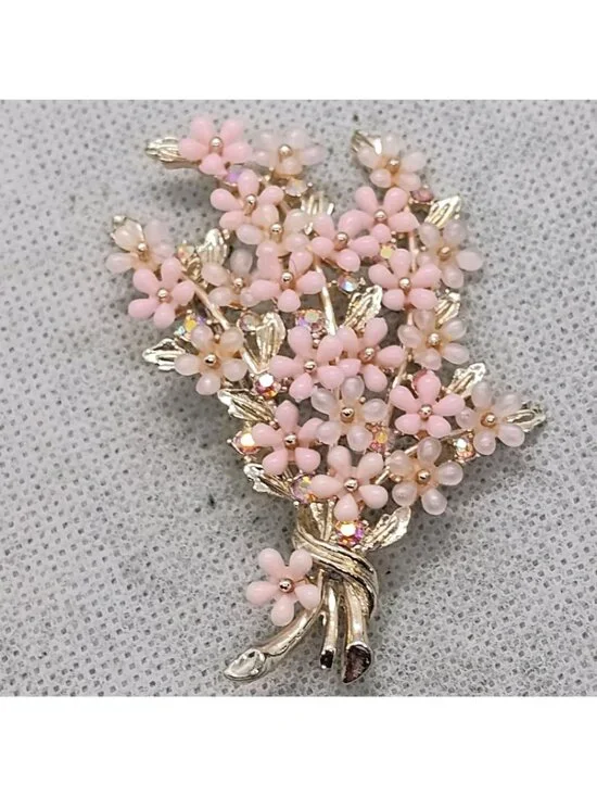 1960s ART Arthur Pepper Pink Lucite Plastic AB Rhinestone Flower Bouquet Brooch - Picture 3 of 6